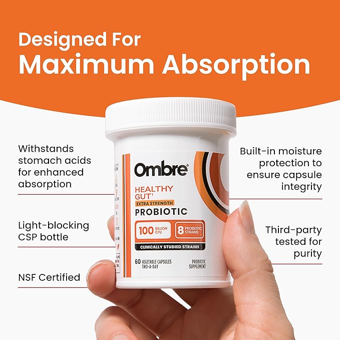 Ombre Healthy Gut Probiotics for Digestive Health 100 Billion CFU - Prebiotics and Probiotics for Women &amp Men with Lactobacillus Acidophilus &amp Digestive Enzymes Gut Health Support Vegan 30