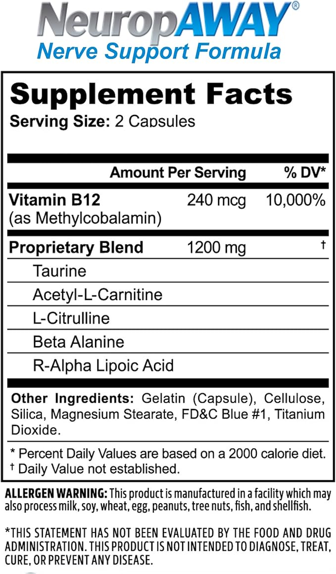NeuropAWAY Nerve Support Supplement R-Alpha Lipoic Acid to Help Provide Nerve Relief and Health in as Little as 5 Days Acetyl-L-Carnitine Taruine Vitamin B12 L-Citrulline 120 Capsules