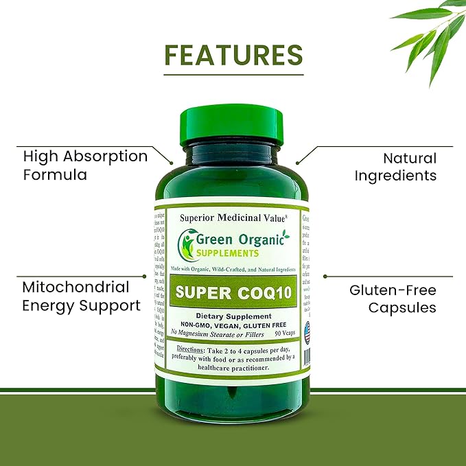 Green Organic Supplements CoQ10 (Ubiquinone) Super 90 VCaps High Absorbable Non-GMO Gluten-Free (Single)