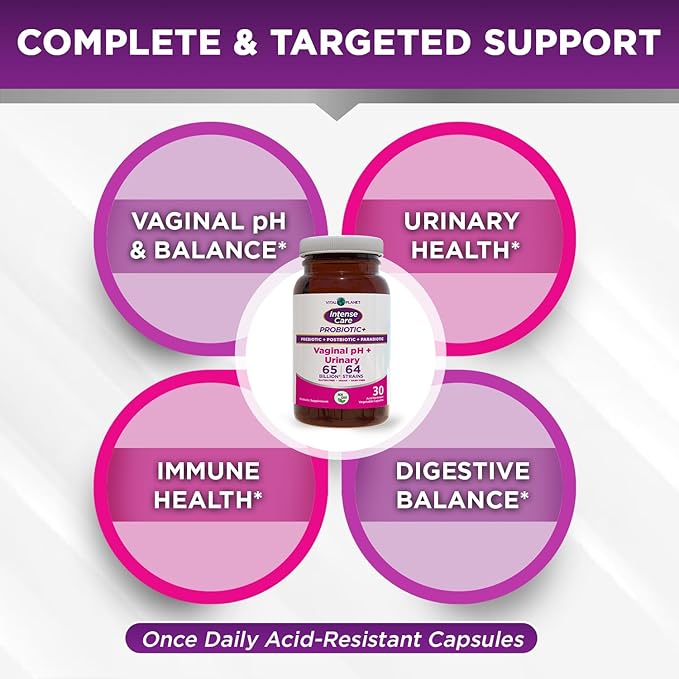Vital Planet - Intense Care Vaginal pH &amp Urinary Probiotics Prebiotics Postbiotics Parabiotics 4-in-1 Refrigerated Supplement for Adults 65 Billion CFU 64 Strains Digestive and Immune 30 c