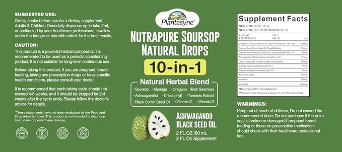 Nutrapure Soursop Herbal Drops with Sea Moss Ashwagandha &amp Moringa 10-in-1 Liquid Supplement for Immune Support Antioxidant Properties Gut Health Maintenance and Cardiovascular Wellness 2 pac