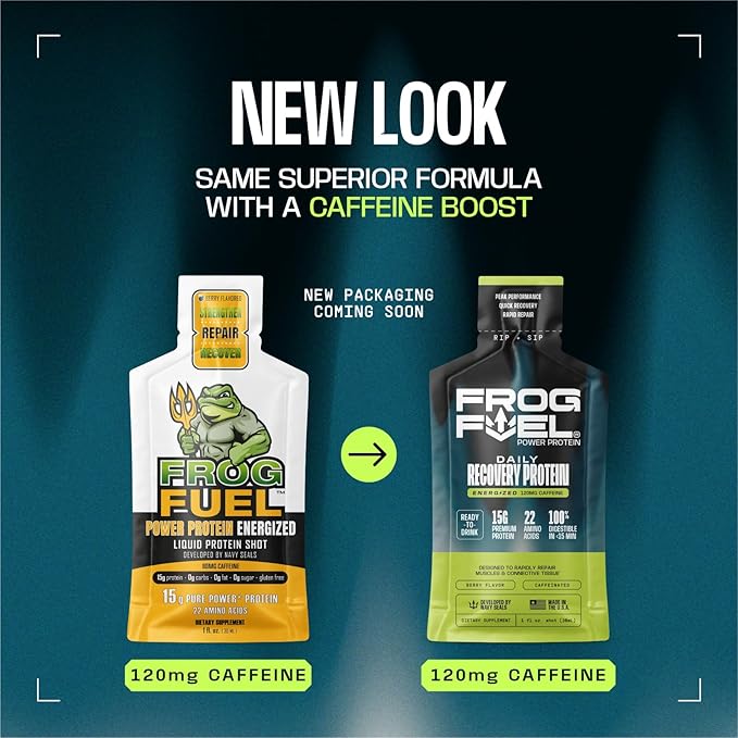 Frog Fuel Power Regular &amp Power Energized Complete Protein Shot Bundle 15g Protein Nano-Hydrolyzed Grass Fed Collagen Post Workout Fat &amp Sugar Free 22 Amino Acids Berry 1 oz Packets 48
