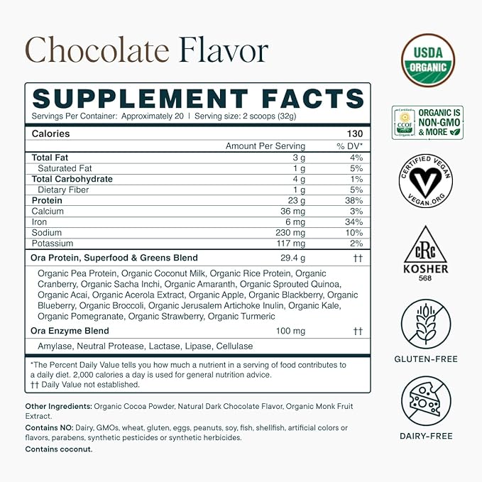 Ora Organic Vegan Protein Powder - 23g Plant Protein for Women and Men - Chocolate Flavor 20 Servings Bloat-Free Gluten Free Non-GMO No Artificial Sweeteners