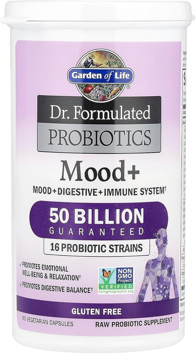Garden of Life Probiotics Mood+ Dr Formulated Acidophilus Probiotic Supplement - Promotes Emotional Well-Being Relaxation and Digestive Balance - Ashwagandha for Stress Management 60 Veggie Caps