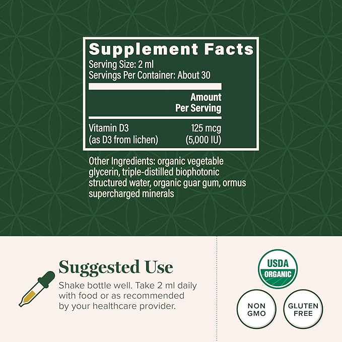 Global Healing Organic Vitamin D3 5000 IU Supplement - Vegan Vitamin D Supplements for Immune Health &amp Strong Bones Support - Pure D3 Vitamin 5000 IU Ingredients Vit D3 - 2 Fl Oz