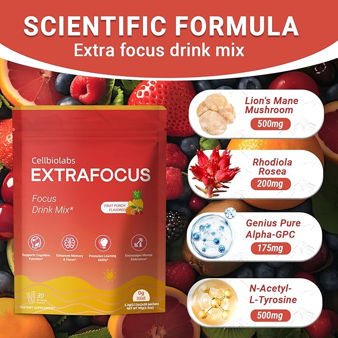 Nootropic Extra Focus Drink Mix 30 Packs On-The-Go Sticks Featuring Alpha-GPC Lion's Mane &amp Rhodiola Sugar-Free Packets Fruit Punch Clean Drink Mix