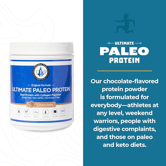 Ultimate Paleo Protein Powder | Premium Grass Fed Beef Protein with Collagen Peptides | Paleo Friendly Gluten Free Keto Friendly No Artificial Sweeteners or Preservatives - Chocolate 30 Servings