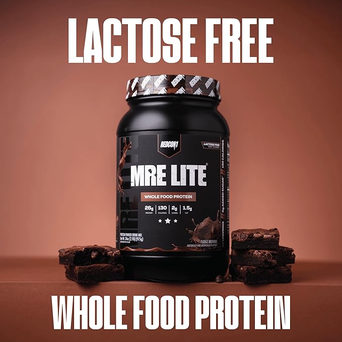 REDCON1 MRE LITE Whole Food Protein Powder Fudge Brownie - Lactose Free &amp Sugar Free Meal Replacement with Animal Protein Blends - Easy to Digest Formula - Only 2g Carb per Serving (30 Servings)