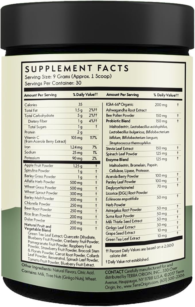 TERRA ORIGIN Healthy Superfood Greens Powder Drink with Probiotics &amp Ashwagandha | Adaptogen &amp Digestive Enzyme Fruit and Veggie Blend | for Gut Health Energy Immune Support* | 30 Servings |