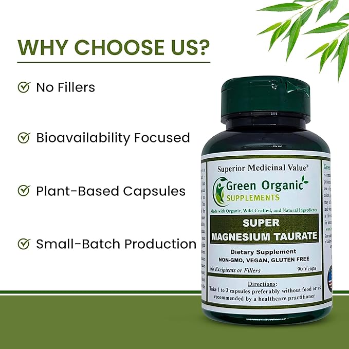 Magnesium Taurate High Absorbable 90 VCaps Non-GMO Vegan &amp Gluten Free Made with Organic Wild-Crafted and Natural Ingredients (Pack of 3)