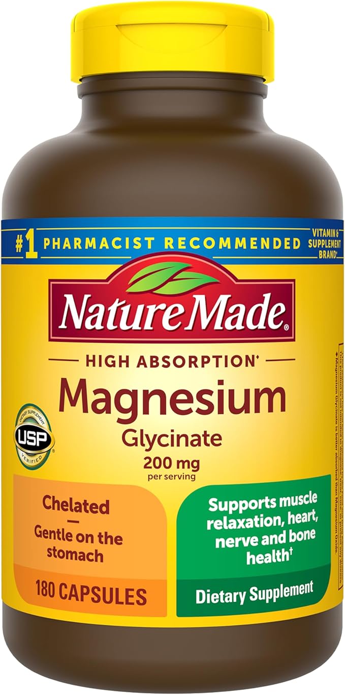 Nature Made Magnesium Glycinate 200 mg per serving Magnesium Supplement for Muscle Heart Nerve and Bone Support 180 Magnesium Bisglycinate Capsules 90 Day Supply