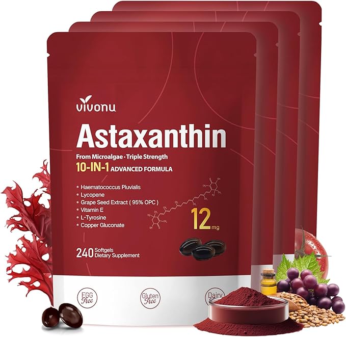 10 in 1 Astaxanthin Supplements 12mg 16 Month Supply Astaxantina Antioxidant from Fresh Haematococcus Pluvialis Contains Lycopene Grape Seed Vitamin E More Supports Eye Joints Skin Health 4Bag