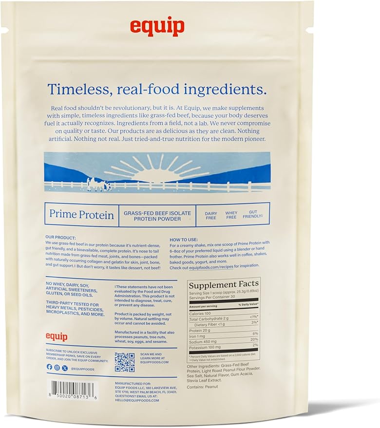 Equip Foods Prime Protein Powder | Clean Grass Fed Beef Protein Powder for Women &amp Men | Carnivore Protein Isolate | Paleo Keto Friendly | Gluten &amp Dairy Free | 30 Servings Peanut Butter