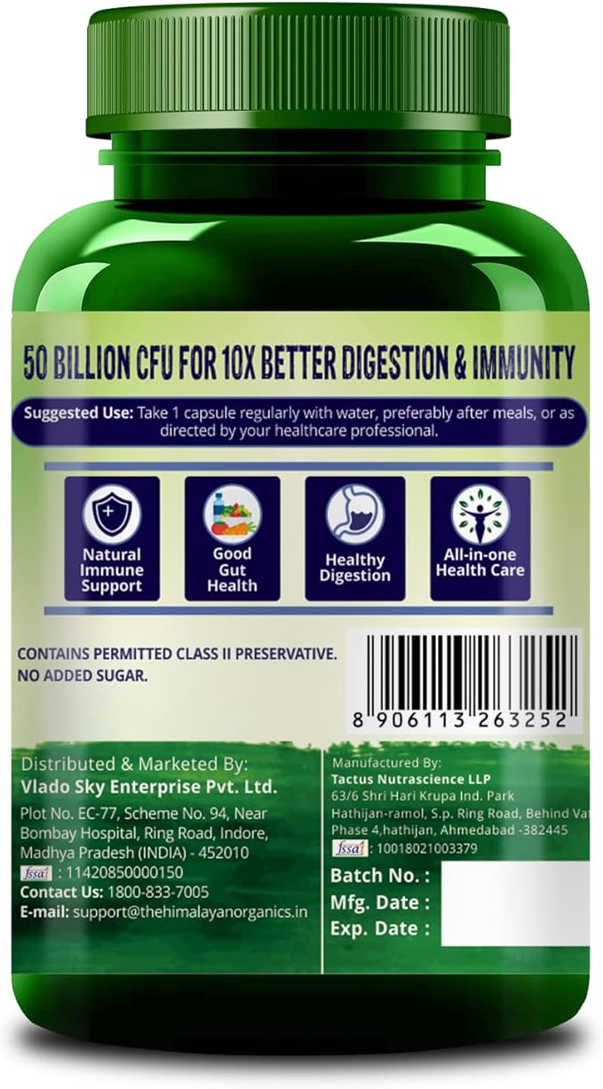 Himalayan Organics Probiotics 50 Billion CFU 150mg with Prebiotics | 10X Better Digestion &amp Immunity | Improve Gut Health - 60 Veg Capsules