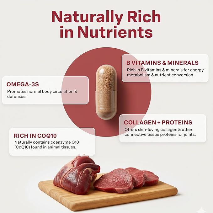 100% Beef Heart Supplement - 180 Count Freeze Dried Grass Fed Beef Organs Supplement for Women &amp Men with Omega-3S &amp CoQ10 - Non-GMO No Fillers &amp No Additives - Real Food Sourced &amp