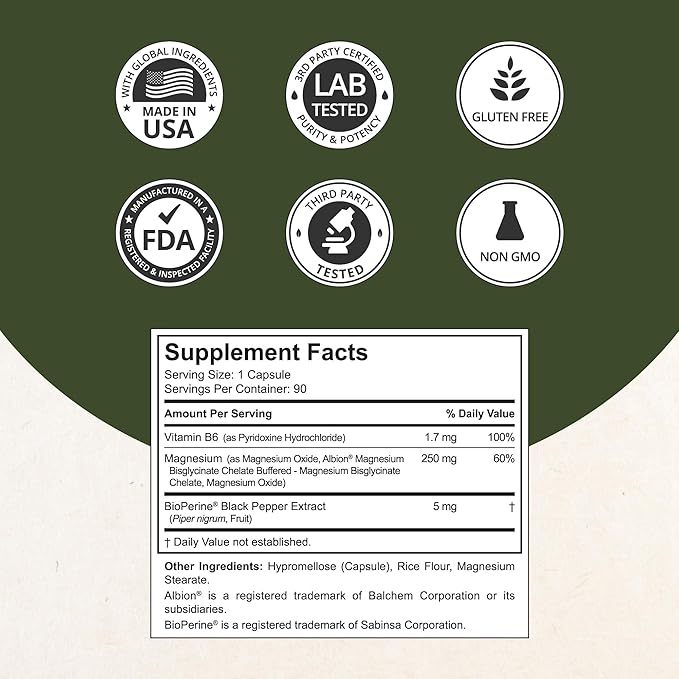 Magnesium Glycinate Chelate Complex with Albion Magnesium Bisglycinate Chelate Vitamin B6 &amp BioPerine for Bone Muscle Natural Sleep Nerve Function Brain Booster | 3 Months Supply
