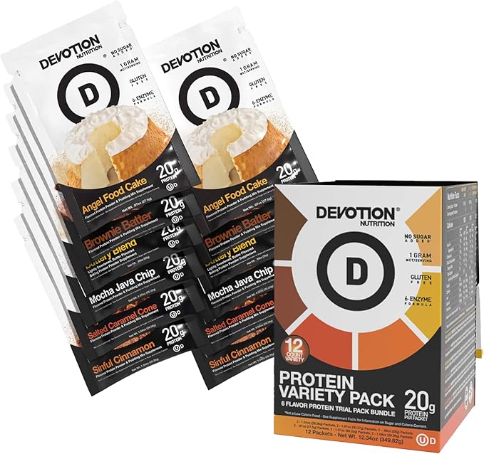 Devotion Nutrition Protein Powder Packets: Variety Pack with Shaker Bottle - 6 Flavors 12 Single Serve Packets - 20g Protein No Added Sugar Gluten-Free