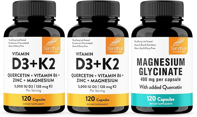Sandhu's Vitamin D3 K2 &amp Magnesium Glycinate with Quercetin Capsules | Supports Quality Sleep Relaxation Immune Muscle Health &amp Energy