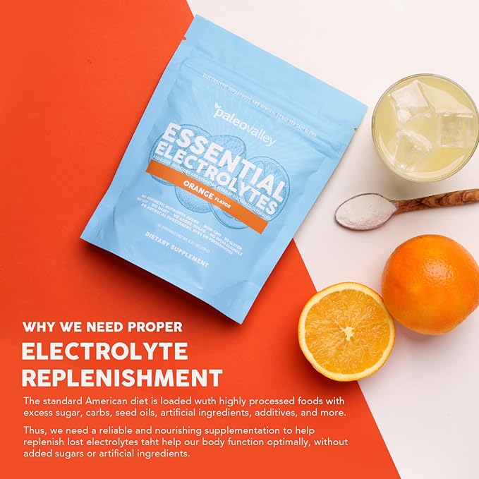 Paleovalley Essential Electrolytes Powder - Full Spectrum Orange Electrolyte Powder for Hydration Energy and Muscle Recovery - No Sugar Added - 30 Servings