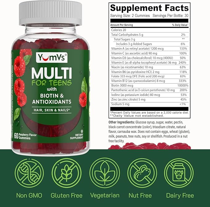 Teen Multivitamin Gummies with Biotin and Antioxidants - Raspberry Flavor - Hair Skin Nails Support - Vegetarian Kosher Teen Vitamins for Boys and Girls 12-17 - 60 Count (Pack of 2)