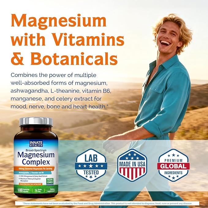 Innate Vitality Magnesium Supplement 500mg Magnesium Glycinate Malate &amp Taurate with Vitamin B6 Ashwagandha L-Theanine &amp Celery High Absorption Vegan Non-GMO (180 Count)