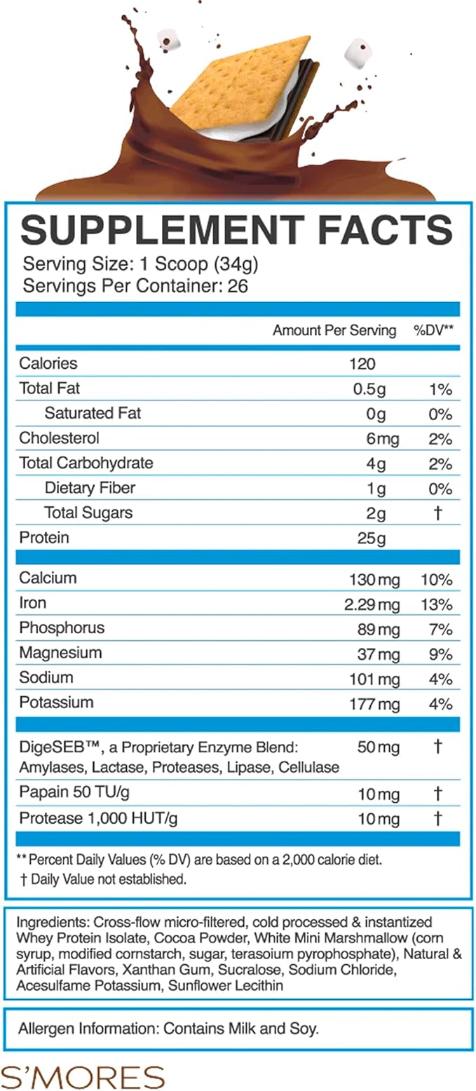 eFlow Nutrition 100% Whey Protein Isolate - Gluten &amp Lactose-Free Digestive Enzymes Added Low Carb Post Workout Shake Fast Digesting for Optimal Muscle Recovery - S'Mores (26 Servings)
