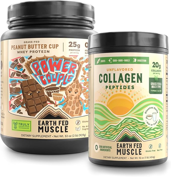 Earth Fed Muscle Chocolate Peanut Butter Whey &amp Unflavored Collagen Recovery Bundle
