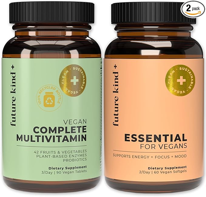 Future Kind Multivitamin Bundle - Vegan Complete Multivitamin and Vegan Essential Multivitamin - Vegan Vitamin B12 Omega 3 and Vitamin D3 - Complete Multivitamin 42 Vitamins in 1 for Men and Women