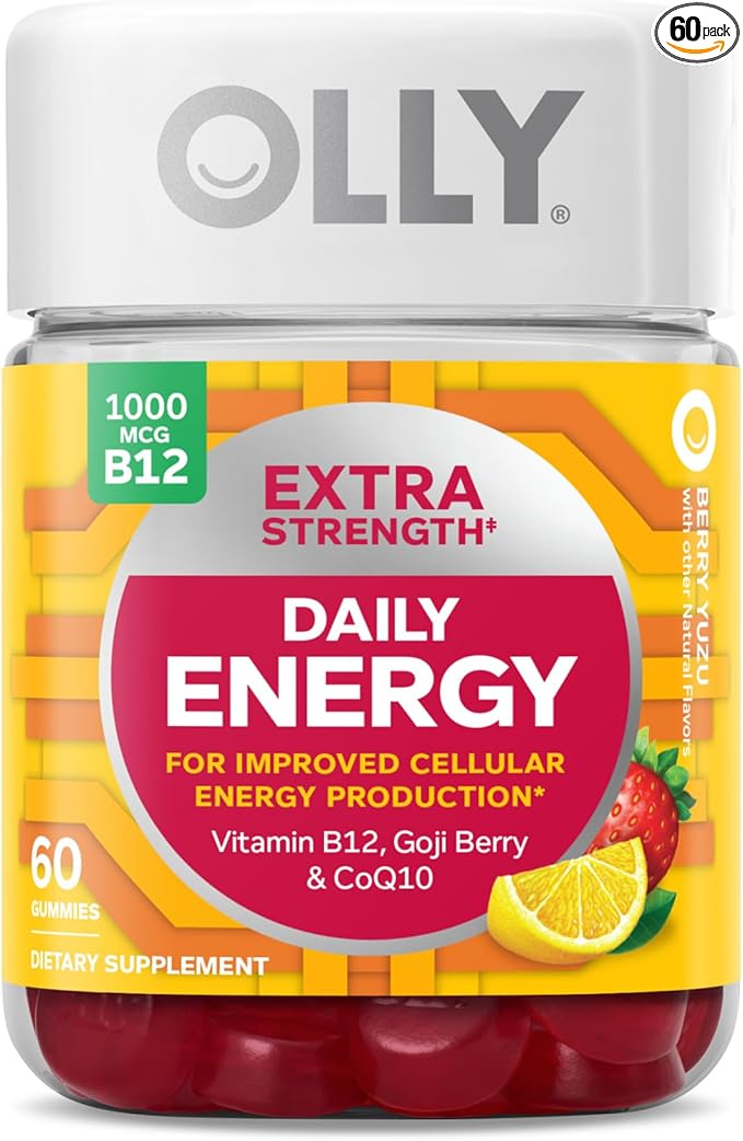 OLLY Ultra Strength Hair Extra Strength Daily Energy Biotin Keratin Vitamin B12 CoQ10 Goji Berry Gummy Supplement Bundle - 30 Count 60 Count