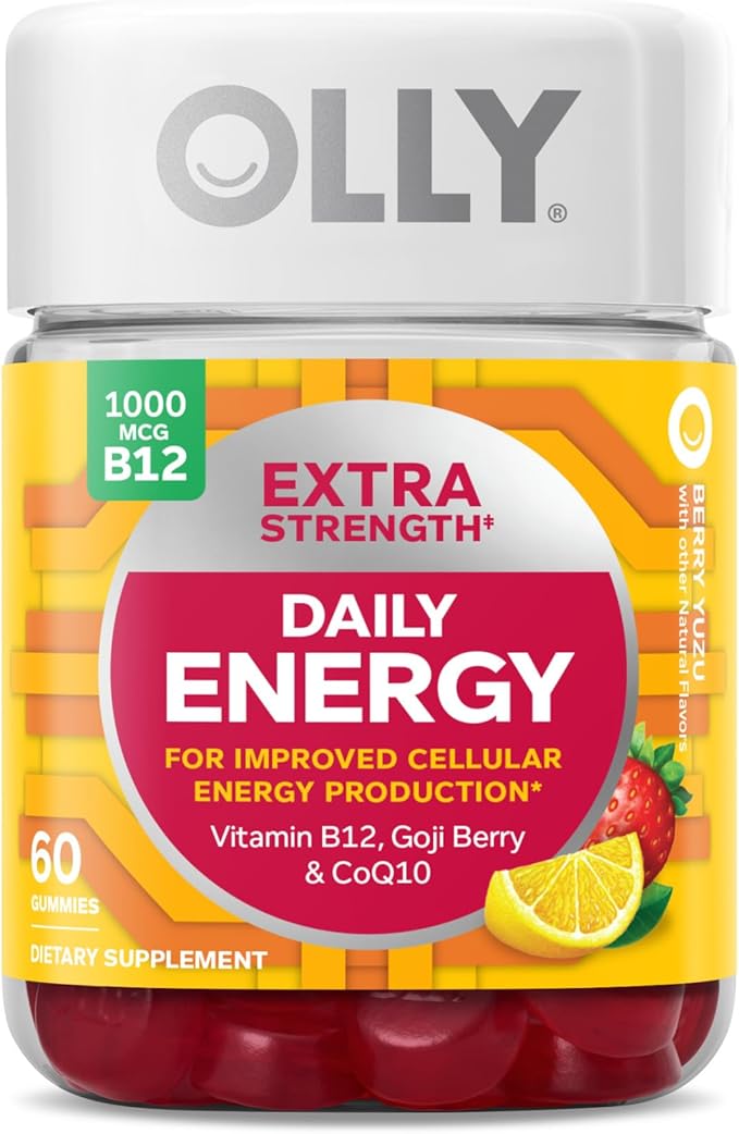 OLLY Extra Strength Daily Energy Gummy Caffeine Free 1000mcg Vitamin B12 CoQ10 Goji Berry &amp Probiotic + Prebiotic Gummy Digestive Support and Gut Health 500 Million CFUs Fiber