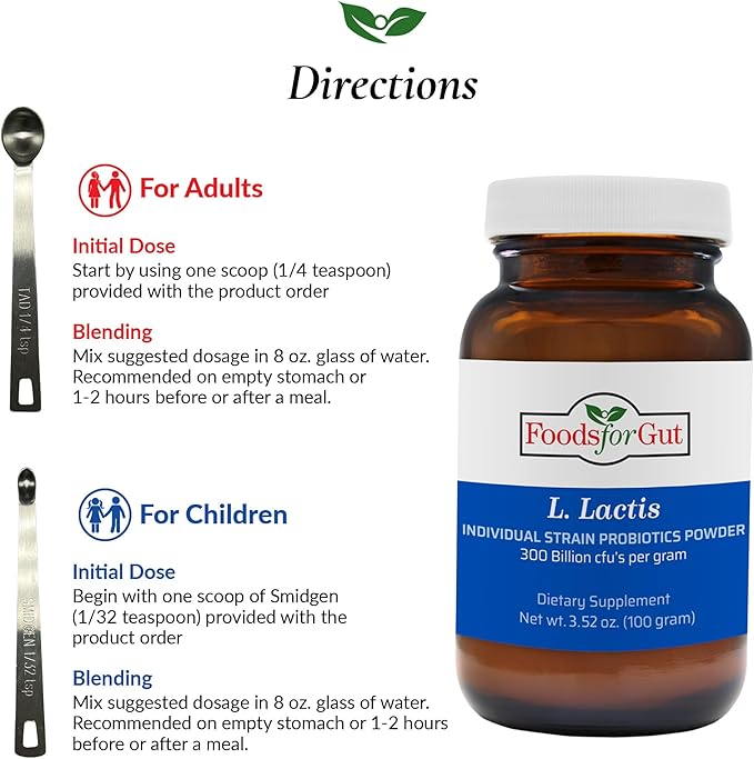 Foods For Gut Lactobacillus Lactis Probiotic Powder 300 Billion cfu's | Made in USA | No Additives | Direct from Manufacturer | No Third-Party Storage | Immune Support | L. Lactis | 100 Gram (3.52 Oz)