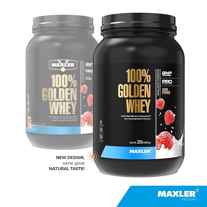 Maxler 100% Golden Whey Protein - 23g of Protein per Serving - Whey Protein Powder for Pre Post Workout - Fast-Absorbing Whey Concentrate Isolate &amp Hydrolysate Blend - Strawberry Cream 2 lb