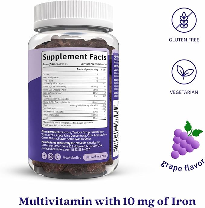 BeLive Iron Gummies - Multivitamin Iron Supplement with Vitamin C A B &amp Zinc Supports Blood Oxygen Vegan Supplements for Women Men &amp Kids for Growth and Development - Grape Flavor | 5-Pac
