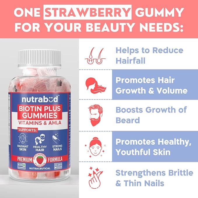 Biotin Hair Gummies For Women Men | No Added Sugar | For Healthy Hair Growth Skin Glow &amp Strong Nails | Strawberry Flavor Veg Gummy Bear Supplement - 60 Count (Pack of 1)