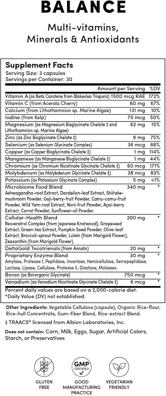 Tranont Balance | 90 Count | Multi-Mineral &amp Vitamin Capsules for Adults | Vitamin C A and E Magnesium Zinc Calcium and Iodine | Boosts Immunity Energy and Digestion | Gluten Free Vegetari