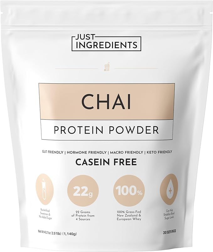 JUST INGREDIENTS Chai Protein Powder – 30-Serving Blend with 100% Grass-Fed Whey &amp Organic Plant Proteins – Warm Spice Flavor with Cinnamon Ginger &amp Cardamom – Supports Muscle Recovery Energ