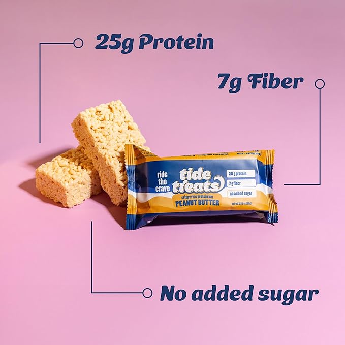 Crispy Rice Protein Treat Peanut Butter Bar | 25 g Protein No Added Sugar 7 g Fiber Gluten Free | High Protein Snack for On-the-Go Post-Workout or Dessert Cravings | 8 Count | TideTreats