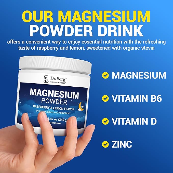 Dr. Berg Magnesium Glycinate Powder for Sleep Relaxation &amp Stress Relief - Now Includes Vitamin D3 &amp Zinc - Delicious Raspberry &amp Lemon Flavor (50 Servings) Magnesium Powder - Magnesium
