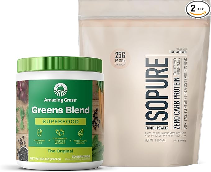 Build Your Smoothie Best Seller Bundle- Isopure Unflavored Zero Carb Protein Powder (16 Servings) and Amazing Grass Greens Original Blend Superfood (30 Servings)