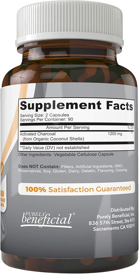 PURELY beneficial Activated Coconut Charcoal 1200mg 180 Capsules - Pills for Digestive System Bloating Vegan (1bottle)