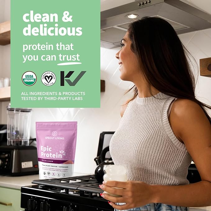 Sprout Living Epic Protein Plant Based Protein &amp Superfoods Powder Pro Collagen Berry | 15 Grams Organic Protein Powder Vegan Non Dairy Non-GMO Gluten Free Low Sugar (0.7 Pound 12 Serving