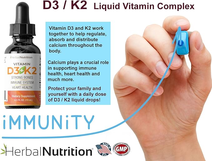 Herbal Nutrition Organic Vitamin D3 K2 Drops – 5000 IU D3 + 63mcg MK7 K2 – 270 Servings Vegan Liquid Supplement Superior Delivery – Bone Heart Immune &amp Mood Support – Peppermint Flavor