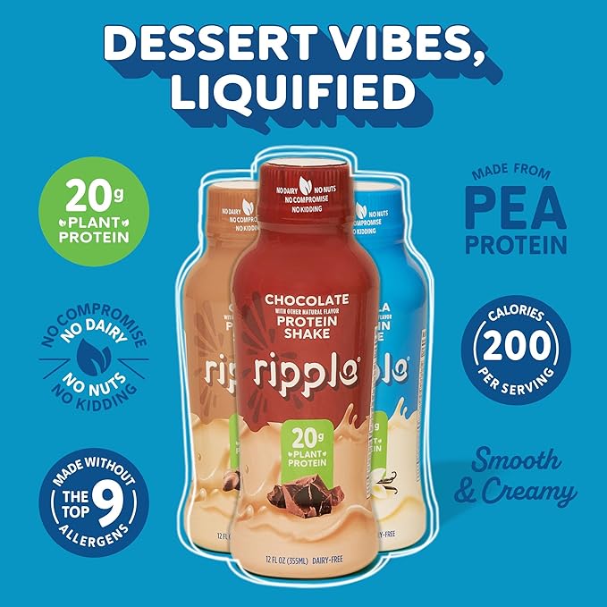 Ripple Plant Based Protein Shake Variety Pack | 20g of Quality Sourced Pea Protein Calcium Rich | Shelf Stable | Vegan &amp Non GMO | Dairy Soy Nut &amp Gluten Free | 12 Fl Oz Bottles (Pack of 1