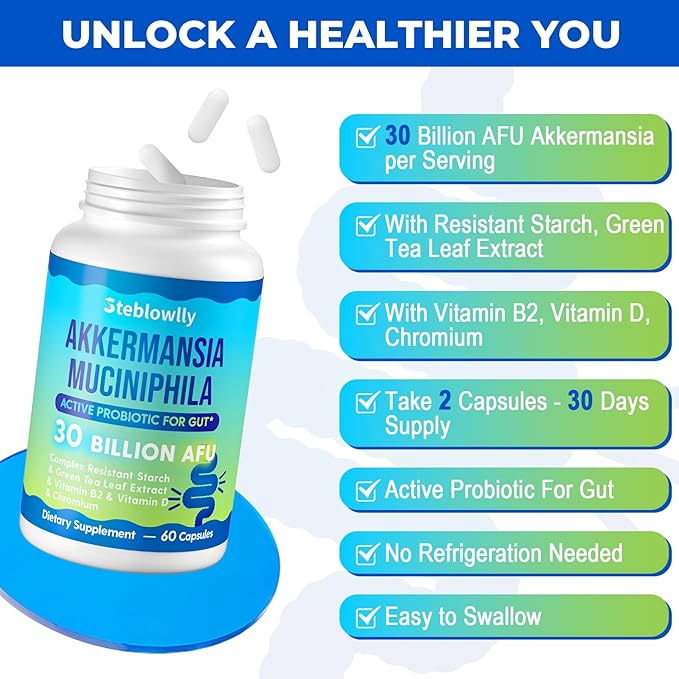Akkermansia Probiotic Live Strain Probiotics for Women &amp Men Akkermansia Muciniphila for Gut Health Digestive Metabolic* Immune with Chromium Green Tea Leaf 60 Probiotic Capsule