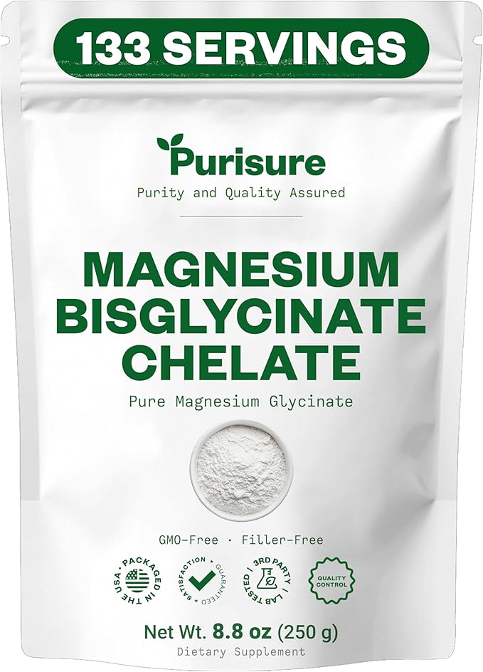 Purisure Magnesium Bisglycinate Chelate 250g Pure Magnesium Glycinate Powder for Bones Magnesium Bisglycinate Chelate for Sleep and Muscle Flexibility Gluten-Free Non-GMO 133 Servings