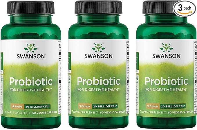 Swanson Probiotic for Digestive Health GI Tract Immune Support Travelers Support 20 Billion CFU with Prebiotic FOS 60 Veggie Capsules (Caps) (3 Pack)
