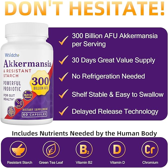 300 Billion AFU Akkermansia Muciniphila Supplement for Women &amp Men Akkermansia Probiotic Digestive Gut Immune &amp Overall Health Enhances Gut Digestive Lining Function - 240Capsule