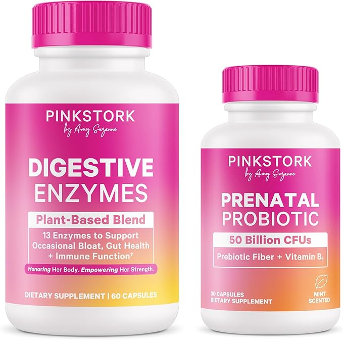 Pink Stork Prenatal Probiotic Mint and Digestive Enzymes Bundle – Supports Digestion and Prenatal Wellness – Women’s Multivitamin with Folate and Enzym