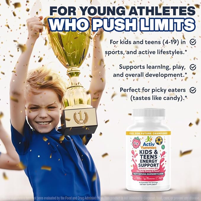 Kids &amp Teens Energy Support with Vitamin B12 + Folate (B9) - Supports Energy Production Brain Function &amp Metabolism - Gluten Free - Raspberry Flavor - Soft Chew 60 Gummies (60 Servings)