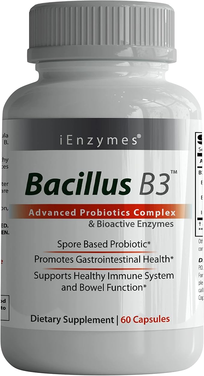Bacillus B3 Probiotic Complex &amp Enzymes – 100% Spore-Based Organisms - SBO - Better Survivability - Bacillus Coagulans Bacillus Subtilis &amp Bacillus Clausii - Non GMO - 60 Capsules